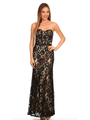40-3194 Strapless Lace Overlay Evening Dress - Black Gold, Front View Thumbnail