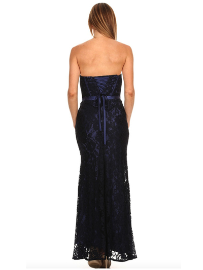 40-3194 Strapless Lace Overlay Evening Dress - Black Royal, Back View Medium