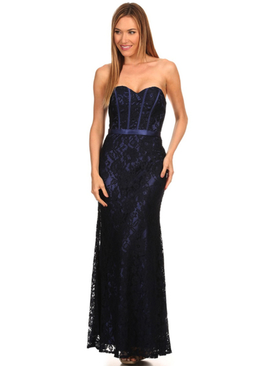40-3194 Strapless Lace Overlay Evening Dress - Black Royal, Front View Medium