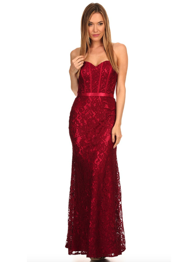 40-3194 Strapless Lace Overlay Evening Dress - Burgundy, Front View Medium