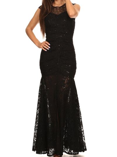 40-3219 Cap Sleeve Evening Dress with Illusion Neckline - Black, Front View Medium