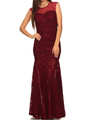 40-3219 Cap Sleeve Evening Dress with Illusion Neckline - Burgundy, Front View Thumbnail