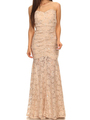 40-3219 Cap Sleeve Evening Dress with Illusion Neckline - Champagne, Front View Thumbnail