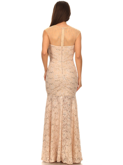 40-3219 Cap Sleeve Evening Dress with Illusion Neckline - Champagne, Back View Medium
