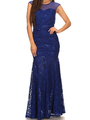 40-3219 Cap Sleeve Evening Dress with Illusion Neckline - Royal Blue, Front View Thumbnail
