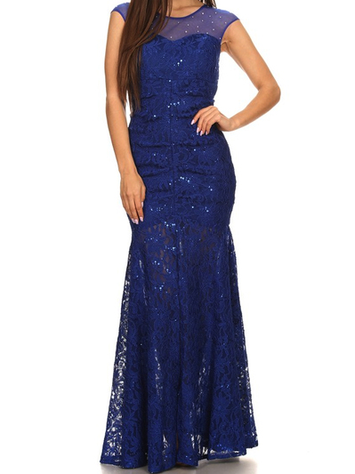 40-3219 Cap Sleeve Evening Dress with Illusion Neckline - Royal Blue, Front View Medium