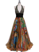 Green Beaded Print Prom Dress