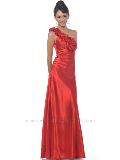 4021 One Shoulder Charmeuse Evening Dress - Red, Front View Medium