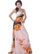 White Print One Shoulder Embellished Print Evening Dress