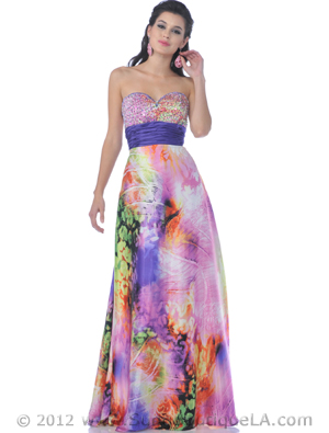 4063 Purple Strapless Print Evening Dress, Purple Print