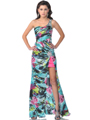 4070 Single Shoulder Print Evening Dress with Slit - Print, Front View Thumbnail