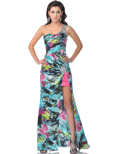 4070 Single Shoulder Print Evening Dress with Slit - Print, Front View Medium