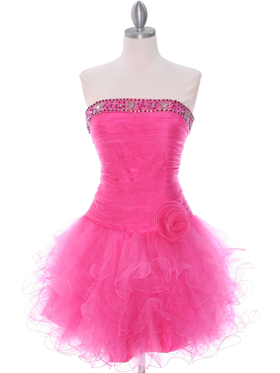 415 Hot Pink Beaded Short Prom Dress - Hot Pink, Front View Medium