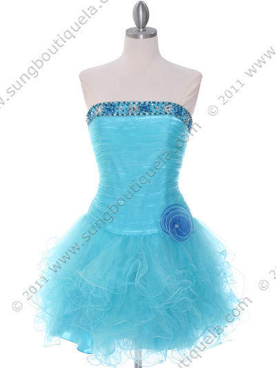 415 Turquoise Beaded Short Prom Dress - Turquoise, Front View Medium