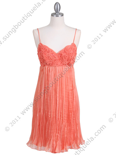 4451 Orange Pleated Cocktail Dress - Orange, Front View Medium