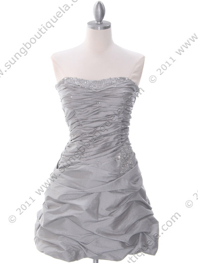 4509 Silver Taffeta Cocktail Dress - Silver, Front View Medium