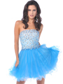 453 Strapless Short Tulle Prom Dress - Turquoise, Front View Thumbnail