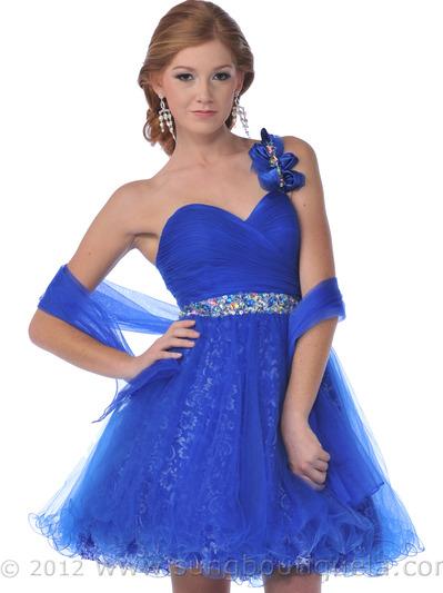 C454 One Shoulder Sweetheart Short Prom Dress - Royal Blue, Front View Medium