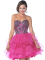 455 Strapless Corset Top Short Prom Dress with Shirred Tulle - Black Fuschia, Front View Thumbnail
