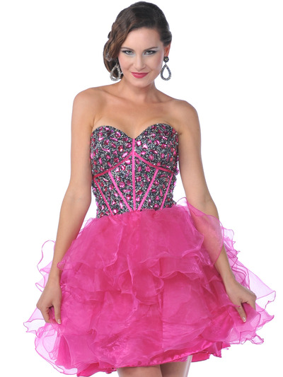 455 Strapless Corset Top Short Prom Dress with Shirred Tulle - Black Fuschia, Front View Medium