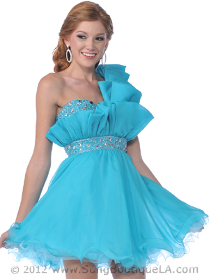 458 One Shoulder Vertical Pleated Short Prom Dress, Aqua