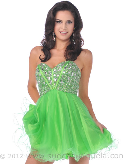 459 Strapless Corset Top Empire Waist Short Prom Dress - Green, Front View Medium