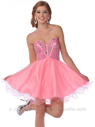 459 Strapless Corset Top Empire Waist Short Prom Dress - Pink, Front View Medium