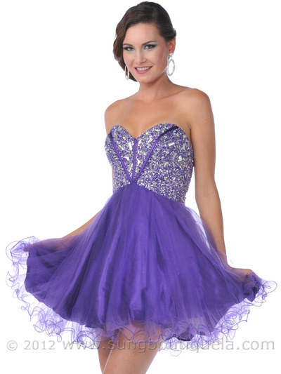 459 Strapless Corset Top Empire Waist Short Prom Dress - Purple, Front View Medium