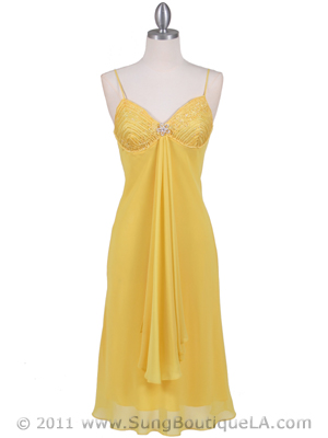 4793 Yellow Chiffon Cocktail Dress with Rhinestone Brooch, Yellow