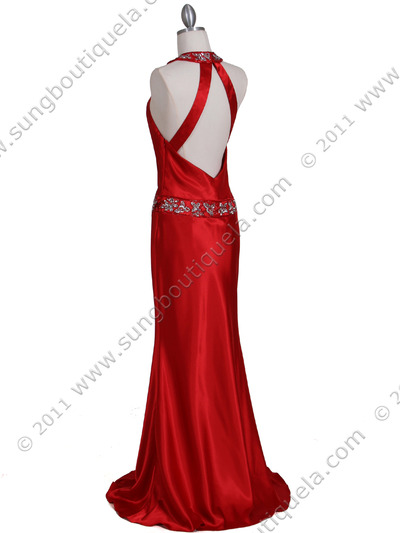 4838 Red Beaded Evening Dress - Red, Back View Medium