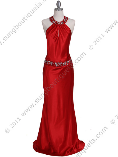 4838 Red Beaded Evening Dress - Red, Front View Medium