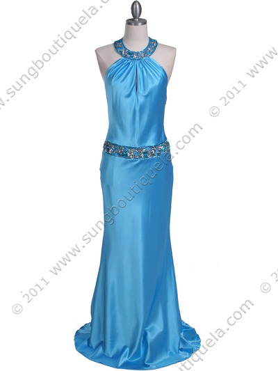 4838 Turquoise Beaded Evening Dress - Turquoise, Front View Medium