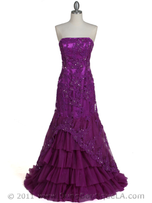 4864 Purple Lace Glitter Evening Gown, Purple