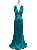 Teal Charmuse Beaded Evening Gown