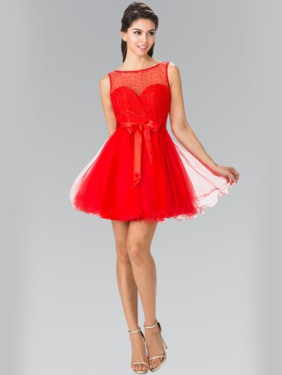 50-1459 Illusion Sweetheart Short Cocktail Dress - Red, Front View Medium