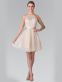 50-1465 Halter A-Line Cocktail Dress with Embroidery - Champagne, Front View Thumbnail