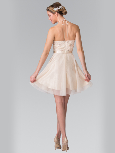 50-1465 Halter A-Line Cocktail Dress with Embroidery - Champagne, Back View Medium