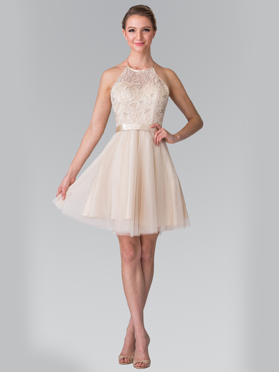50-1465 Halter A-Line Cocktail Dress with Embroidery - Champagne, Front View Medium