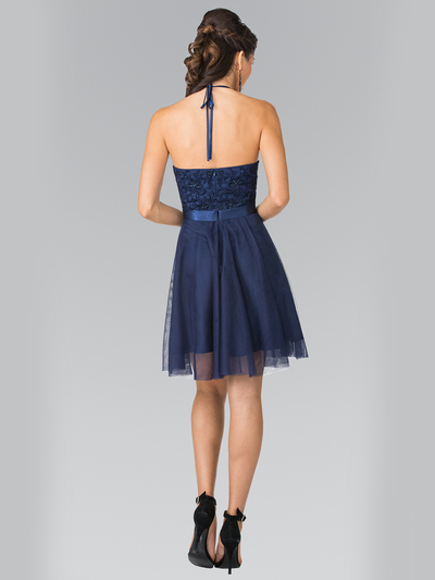 50-1465 Halter A-Line Cocktail Dress with Embroidery - Navy, Back View Medium