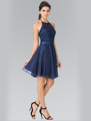 50-1465 Halter A-Line Cocktail Dress with Embroidery, Navy