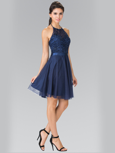 50-1465 Halter A-Line Cocktail Dress with Embroidery - Navy, Front View Medium