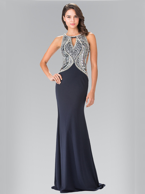 50-1473 Embellished Sequin Bodice Long Prom Dress, Navy Silver