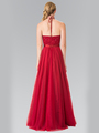 50-1475 Halter Embroidered Long Evening Dress - Burgundy, Back View Thumbnail