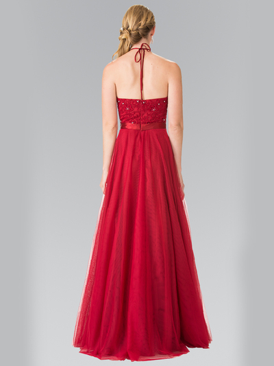 50-1475 Halter Embroidered Long Evening Dress - Burgundy, Back View Medium