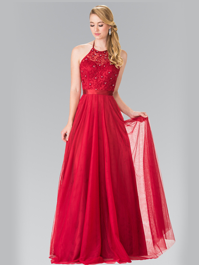 50-1475 Halter Embroidered Long Evening Dress - Burgundy, Front View Medium