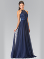 50-1475 Halter Embroidered Long Evening Dress - Navy, Front View Thumbnail