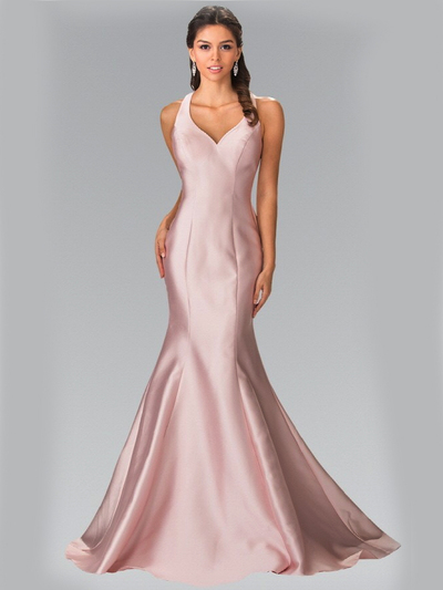 50-2224 Halter Long Prom Dress with Cutout Back and Train - Blush, Front View Medium
