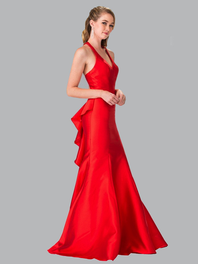 50-2224 Halter Long Prom Dress with Cutout Back and Train - Red, Front View Medium