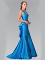 50-2224 Halter Long Prom Dress with Cutout Back and Train - Turquoise, Front View Thumbnail
