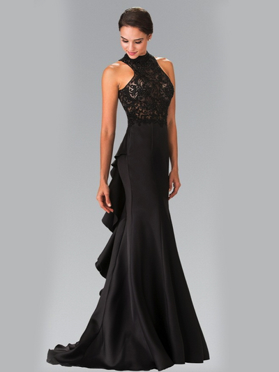 50-2227 High Neck Embroidered Long Prom Dress - Black, Front View Medium